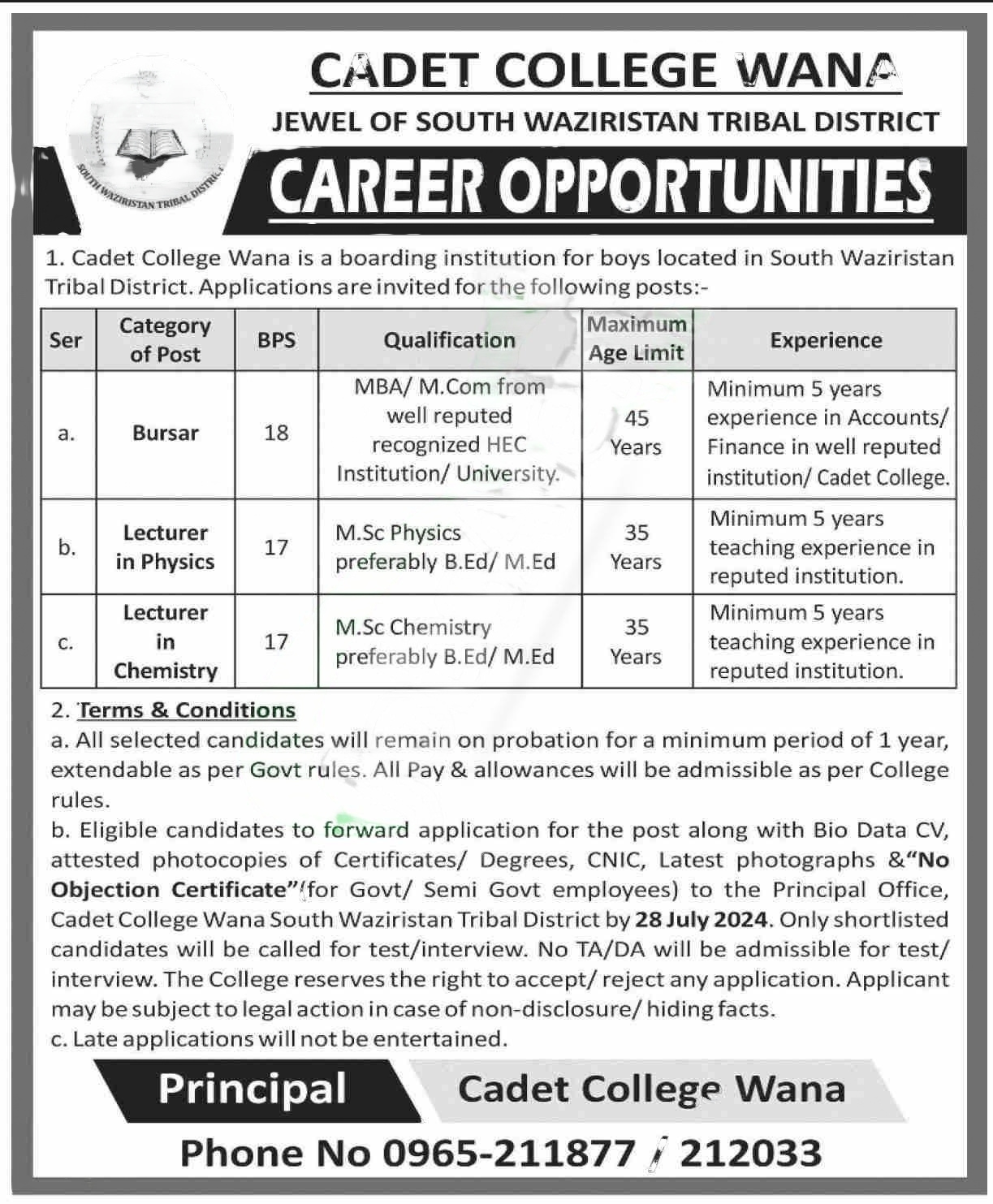 Cadet College Wana Teaching Staff New Jobs 2024