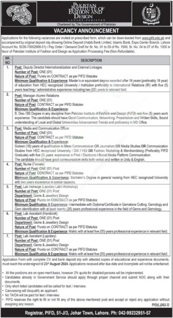 Pakistan Institute of Fashion Design PIFD Lahore New Jobs 2024 (2)